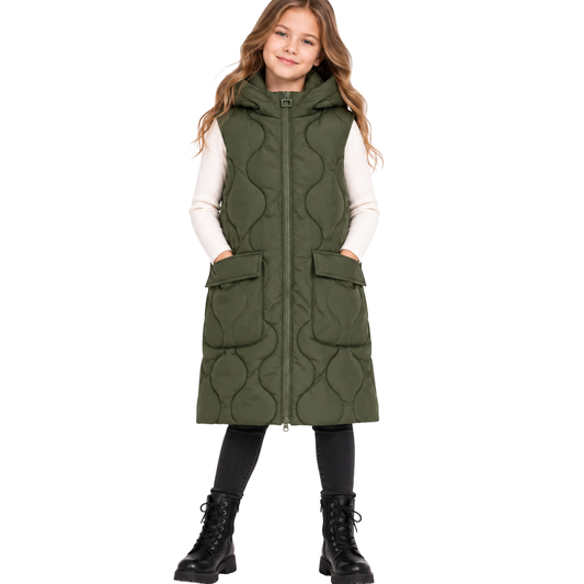 8802 Girls Long Hooded Puffer Vest – Quilted Sleeveless Jacket | Fall & Winter | Ages 7–14 | Sizes 130–160 cm