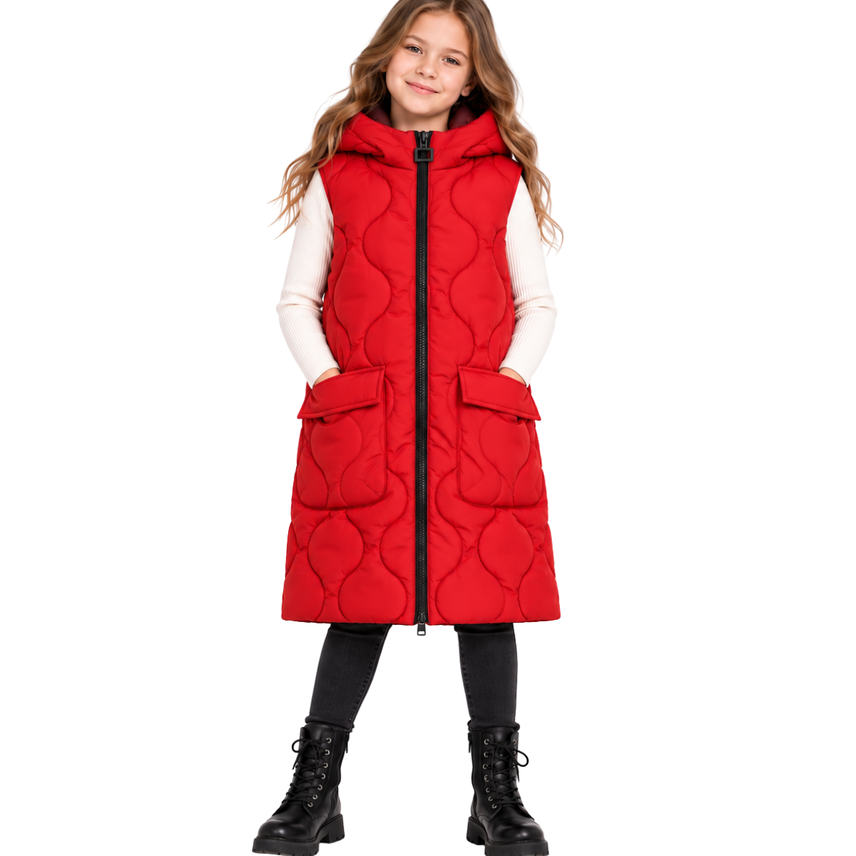 8802 Girls Long Hooded Puffer Vest – Quilted Sleeveless Jacket | Fall & Winter | Ages 7–14 | Sizes 130–160 cm