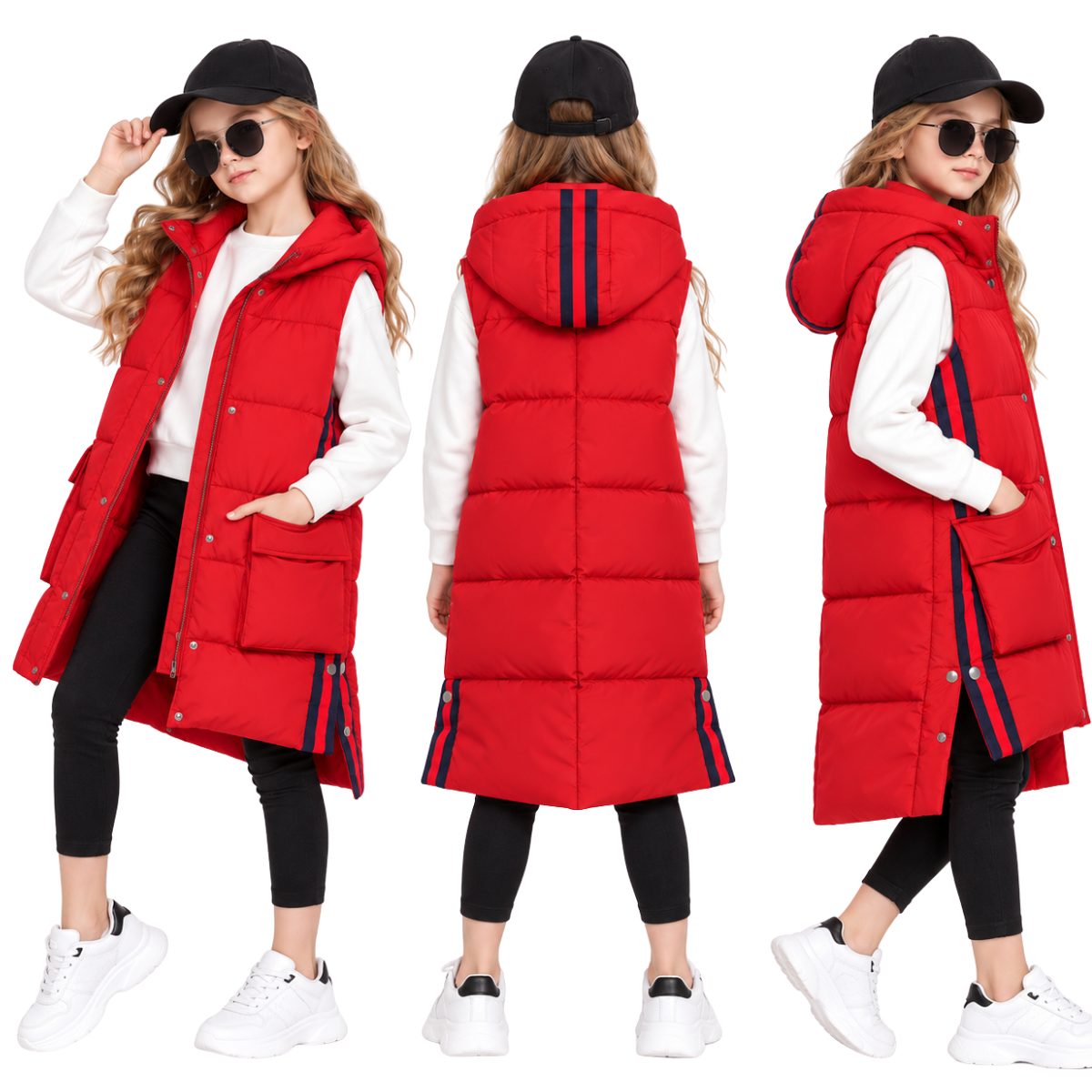 018 Girls Long Hooded Puffer Vest – Quilted Sleeveless Jacket with Side Slits | Fall & Winter | Sizes 130–150 cm | Ages 7–12
