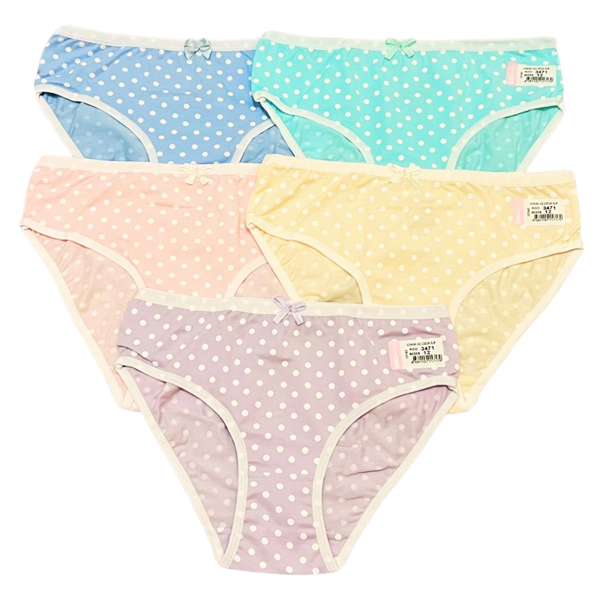 3471 Girls' Cotton Underwear – Soft, Stretchy & Comfortable | Colorful Panties with White Polka Dots | 95% Cotton, 5% Elastane | 5-Pack (Multicolor) | Ages 11–12 | Made in Turkey by BIYO Kids