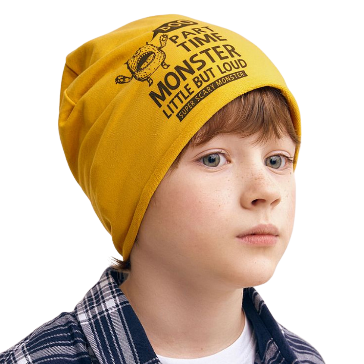 12034 👾 Boys' Mustard Yellow Beanie "Part-Time Monster" – Funny Loud Print Hat  Size 52–54 | Ages 3–5 | Spring & Autumn | Cotton Blend
