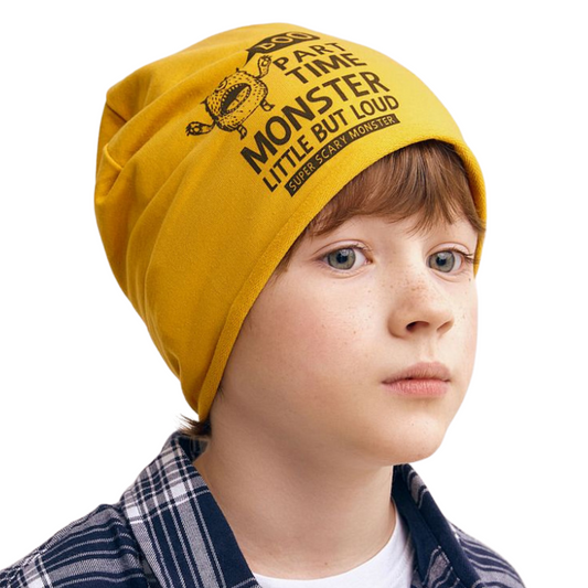 12034 👾 Boys' Mustard Yellow Beanie "Part-Time Monster" – Funny Loud Print Hat  Size 52–54 | Ages 3–5 | Spring & Autumn | Cotton Blend