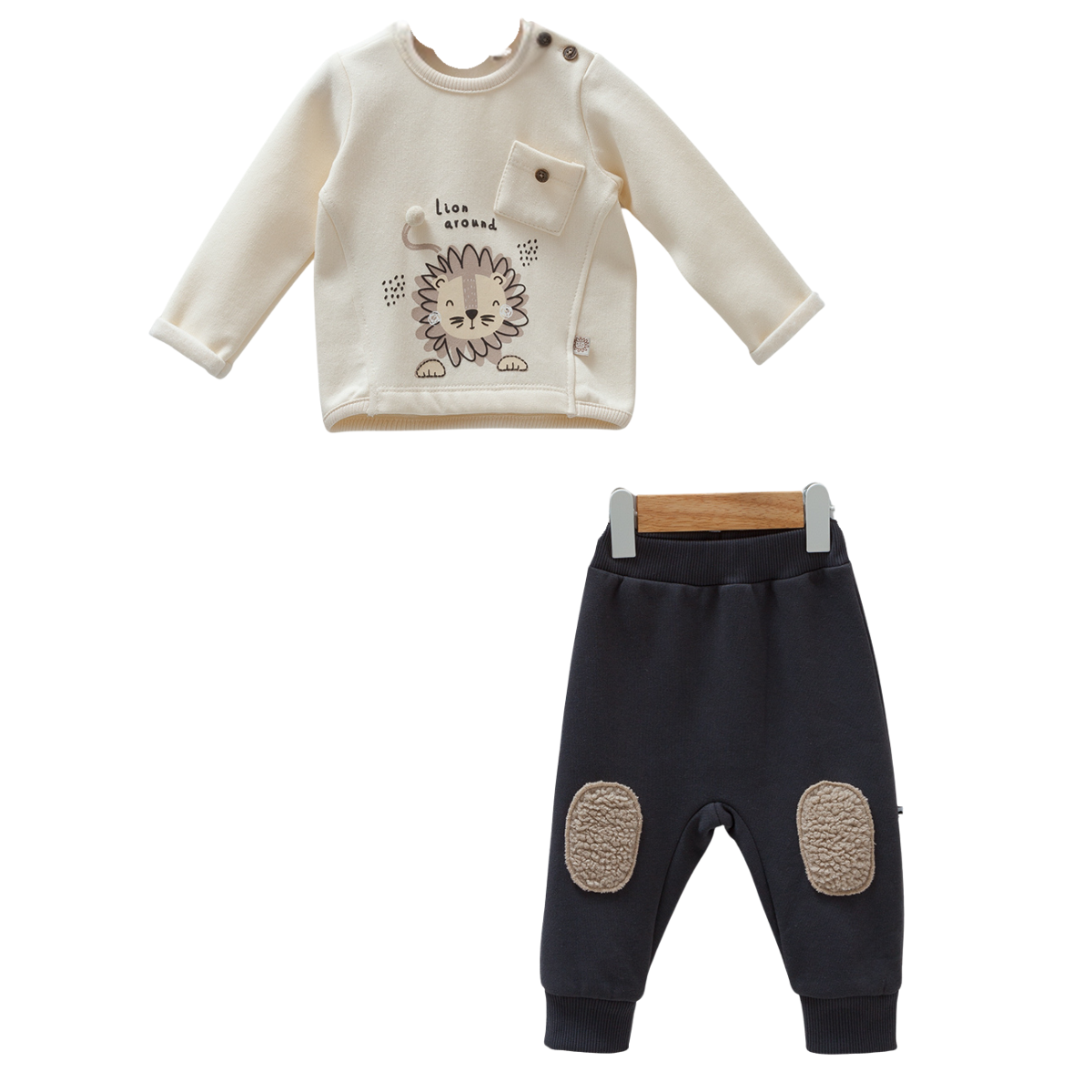 8231 Caramell Baby Boys’ 2-Piece Fleece-Lined Set – Ivory Lion Print Sweatshirt & Pants | 9–18 Months | Cotton | Turkey
