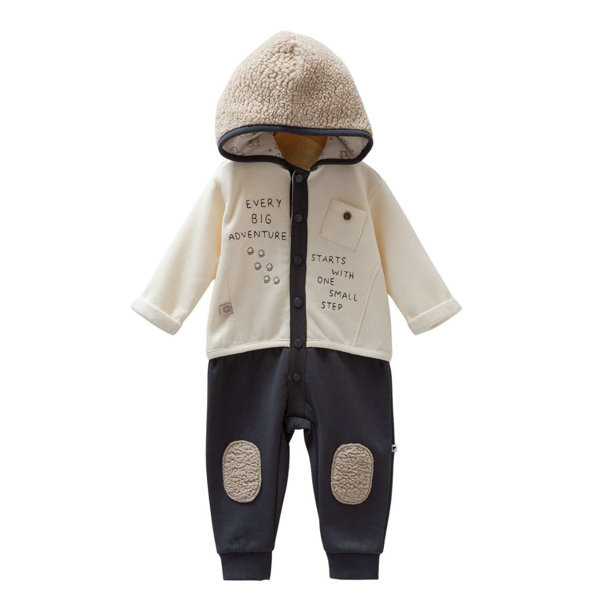 8230 Caramell Baby Boy Beige  Hooded Jumpsuit with Fleece Lining – Cotton | Sizes 3–18 Months | Spring/Fall | Made in Turkey