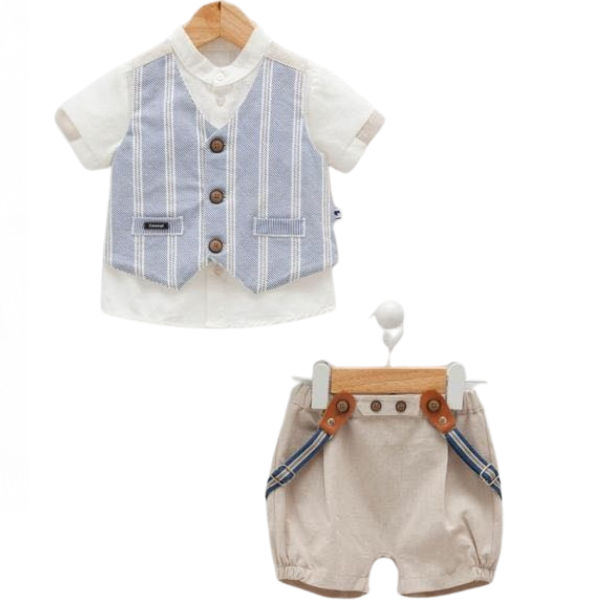 8046 Baby Boy Formal Outfit – Shirt with Blue Striped Vest & Suspender Shorts | 100% Cotton | 3–12 Months | Elegant Set for Holidays & Photoshoots