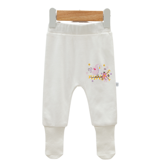 8210 Newborn Baby Girl Footed Pants with Knitted Bottom – with "Birds" Print | 100% Cotton | 0–3M | Turkey