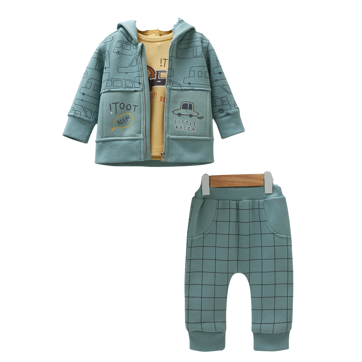 8263 Caramell Baby Boy Green 3-Piece Fleece-Lined Set – Pants, T-Shirt & Zip-Up Hoodie with Hood | Cotton | Sizes 3–18 Months | Made in Turkey