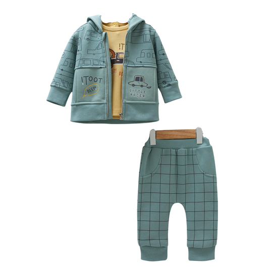 8263 Caramell Baby Boy Green 3-Piece Fleece-Lined Set – Pants, T-Shirt & Zip-Up Hoodie with Hood | Cotton | Sizes 3–18 Months | Made in Turkey