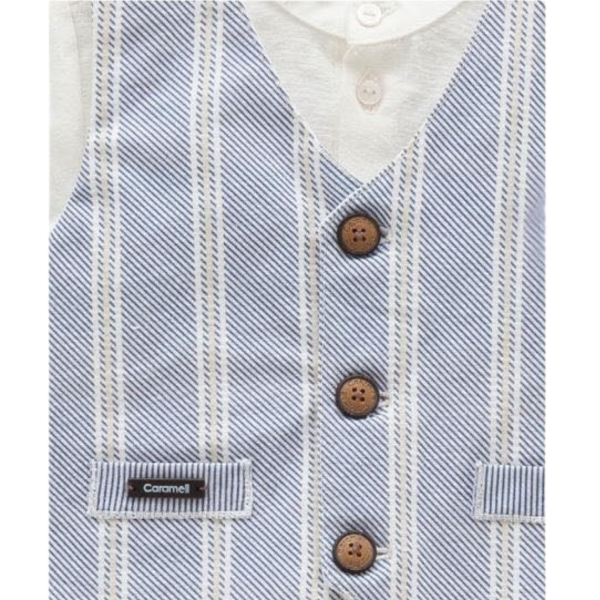 8046 Baby Boy Formal Outfit – Shirt with Blue Striped Vest & Suspender Shorts | 100% Cotton | 3–12 Months | Elegant Set for Holidays & Photoshoots