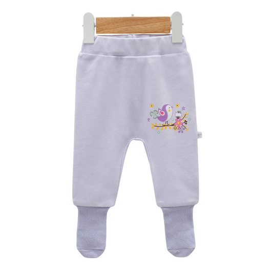 8210 Newborn Baby Girl Footed Pants with Knitted Bottom – with "Birds" Print | 100% Cotton | 0–3M | Turkey