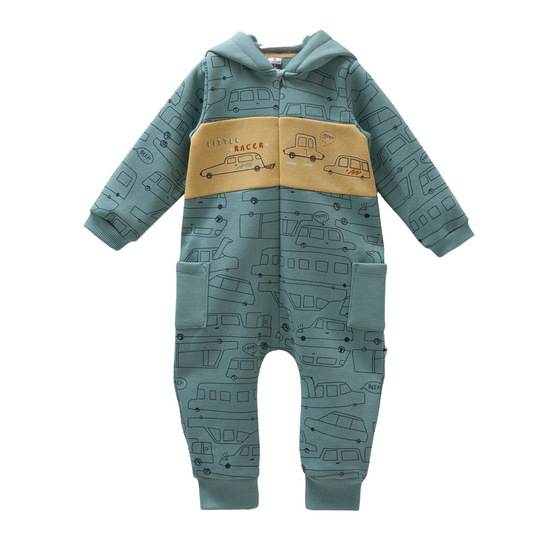 8264 Caramell Baby Boy Zip-Up Cotton Jumpsuit with Car Print & Fleece Lining | Sizes 3–18 Months | Made in Turkey