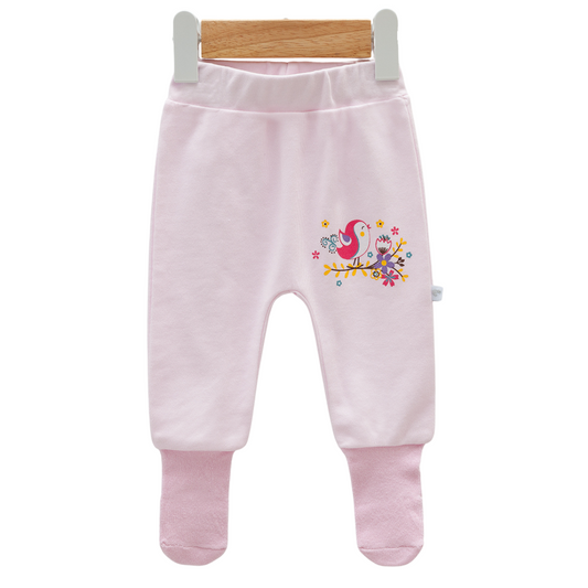 8210 Newborn Baby Girl Footed Pants with Knitted Bottom – with "Birds" Print | 100% Cotton | 0–3M | Turkey