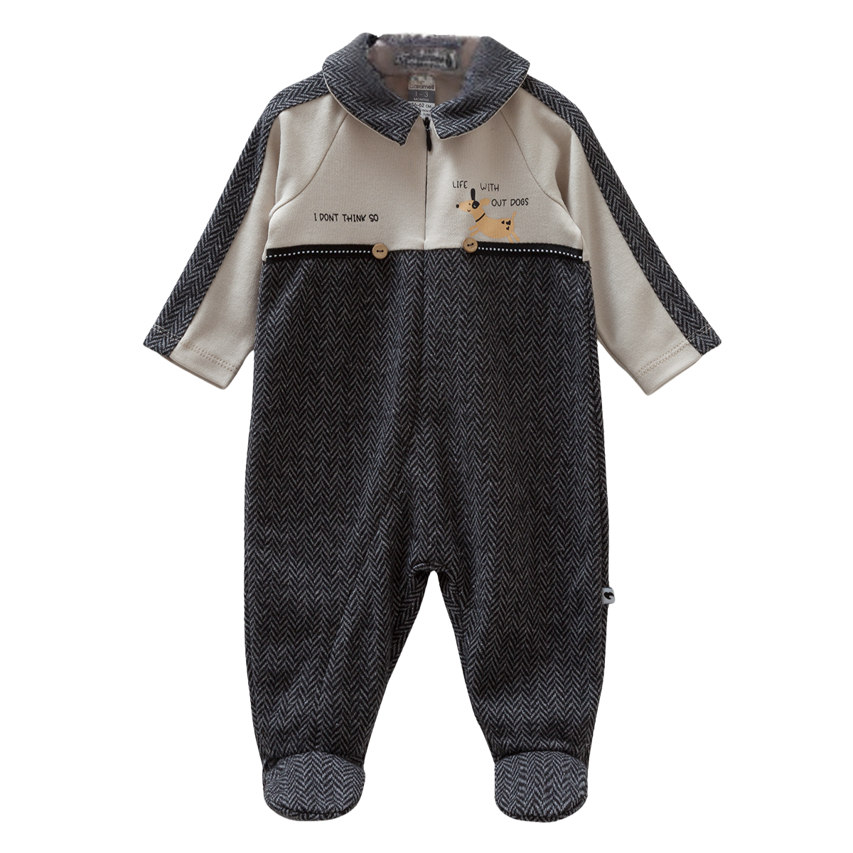 8489 Caramell Baby Boy Jumpsuit with Collar – Gray | 0–12 Months | 100% Cotton | Made in Turkey