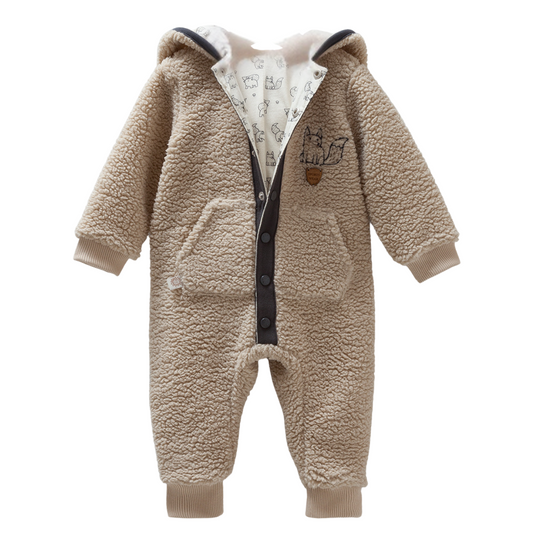 8229 Caramell Baby Boys’ Plush Hooded Overall with Cotton Lining | 9–12 Months | 100% Cotton | Made in Turkey