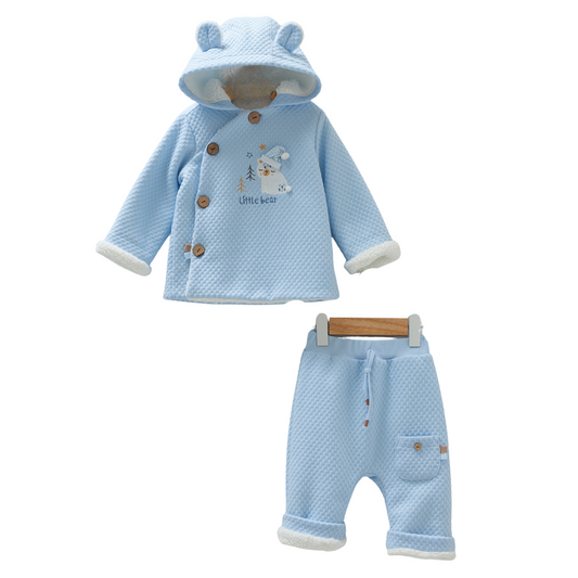 8348 Caramell Baby Boy Plush Blue 2-Piece Set – Hooded Jacket with Ears & Pants | Sizes 3–18 Months | Made in Turkey