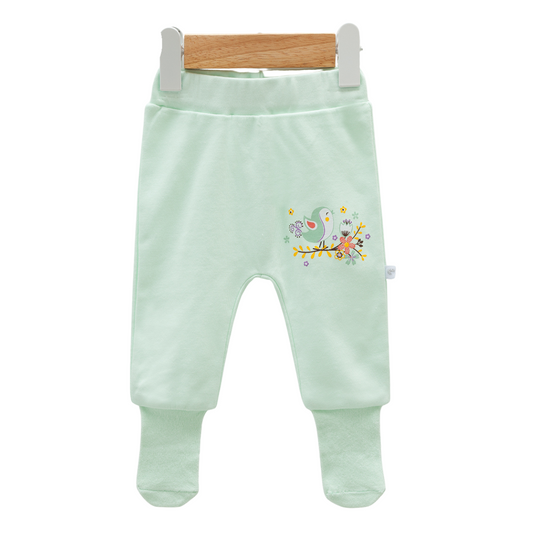 8210 Newborn Baby Girl Footed Pants with Knitted Bottom – with "Birds" Print | 100% Cotton | 0–3M | Turkey