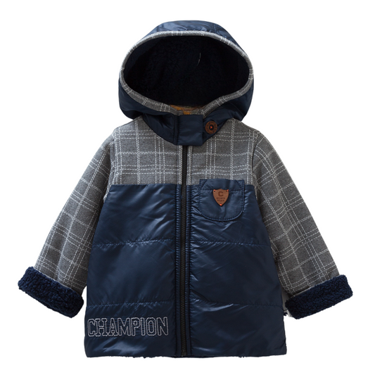 4882 Caramell Baby Boys’ Padded Hooded Jacket with Plush Lining – Champion Embroidery | 3–9 Months | Cotton | Turkey