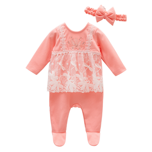 6832 Caramell Baby Girl Romper with Lace & Headband | Dressy & Everyday | 0–9M | 100% Cotton