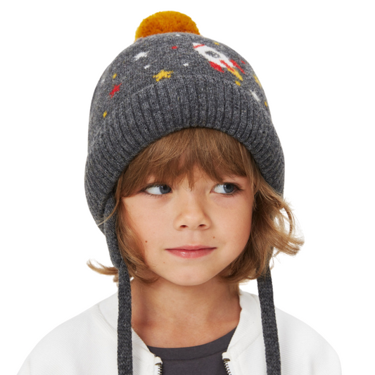 11260 Boys’ Knitted Winter Hat with Pom-Pom & Earflaps – Rocket & Stars Design | Sizes 48–50 cm | 9–18 Months | Сashmere, Wool | 100% Cotton Lining