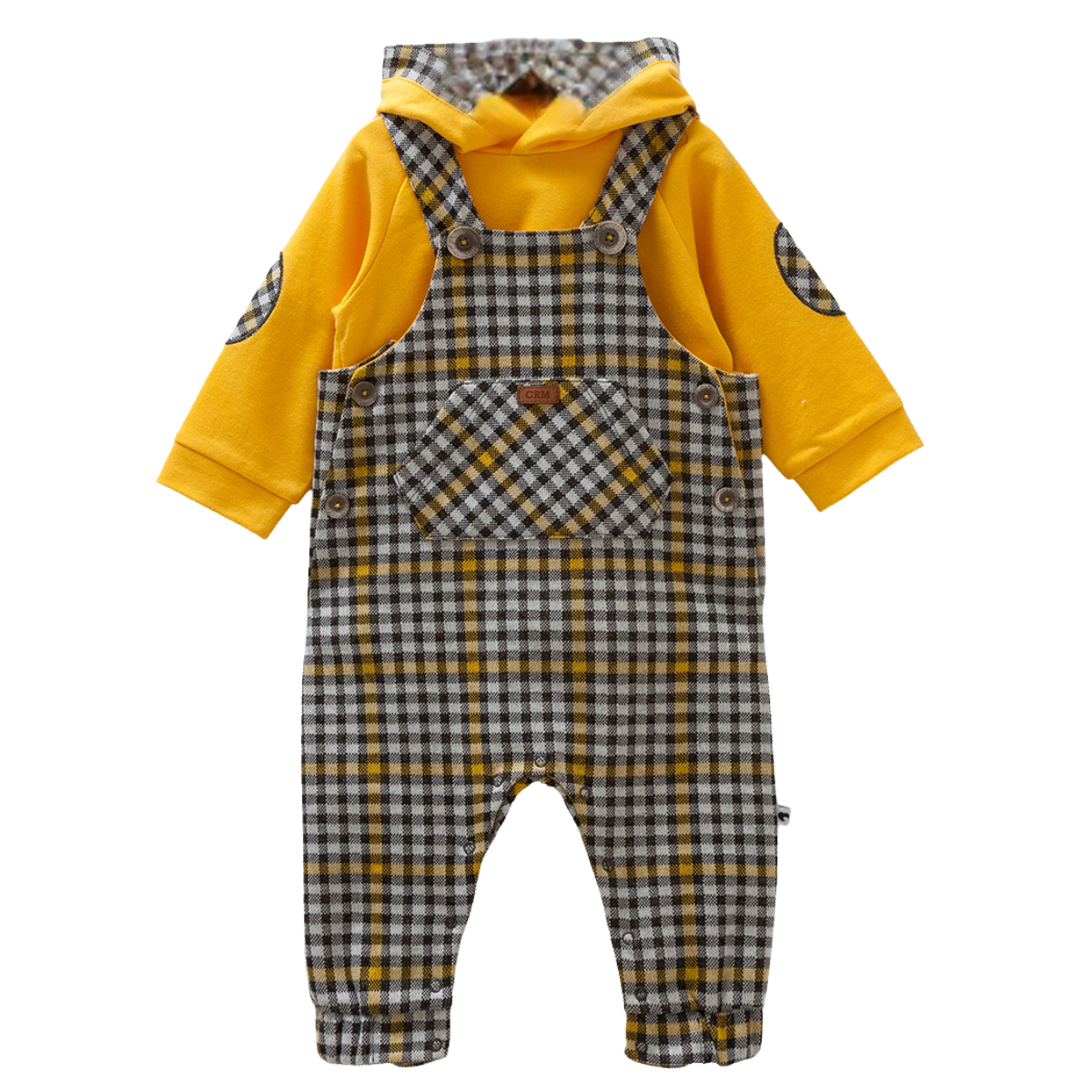 8474 Caramell Baby Boys’ Plaid Overall with Yellow Hoodie | 3–18 Months | Cotton | Turkey