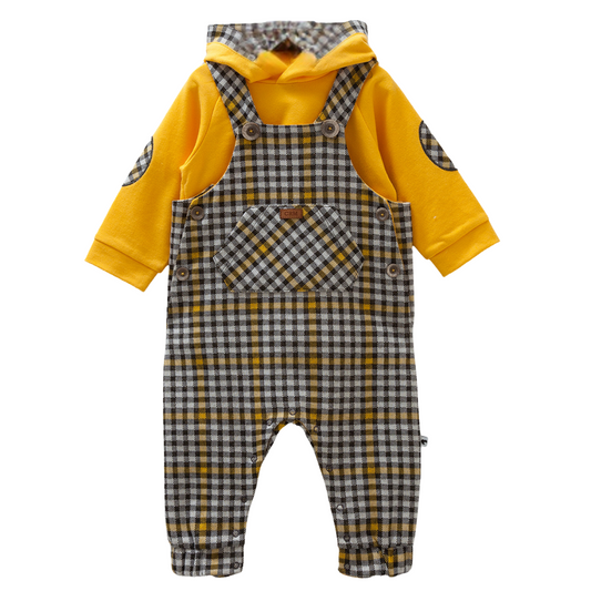 8474 Caramell Baby Boys’ Plaid Overall with Yellow Hoodie | 3–18 Months | Cotton | Turkey