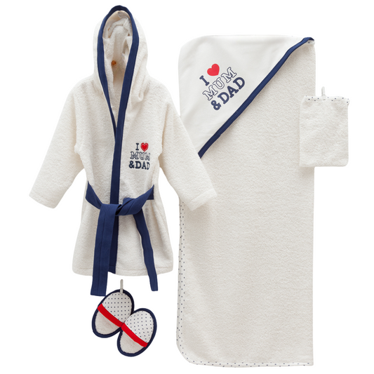 7772 Terry Baby Boy Bath Set 4-Piece “I ♥ Mum & Dad” – Hooded Robe (from 9–24 M), Hooded Towel, Slippers & Wash Mitt | 100% Cotton | Ages 0–2 Years | Made in Turkey | Perfect Gift