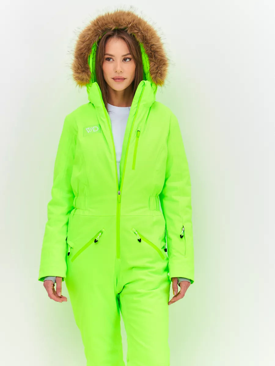184313618 WHSROMA | Professional Ski Jumpsuit for Tall Teen Girls & Women | Neon Green with Faux Fur Hood | For Sports & Family Winter Activities | Up to −30°C (−22°F)