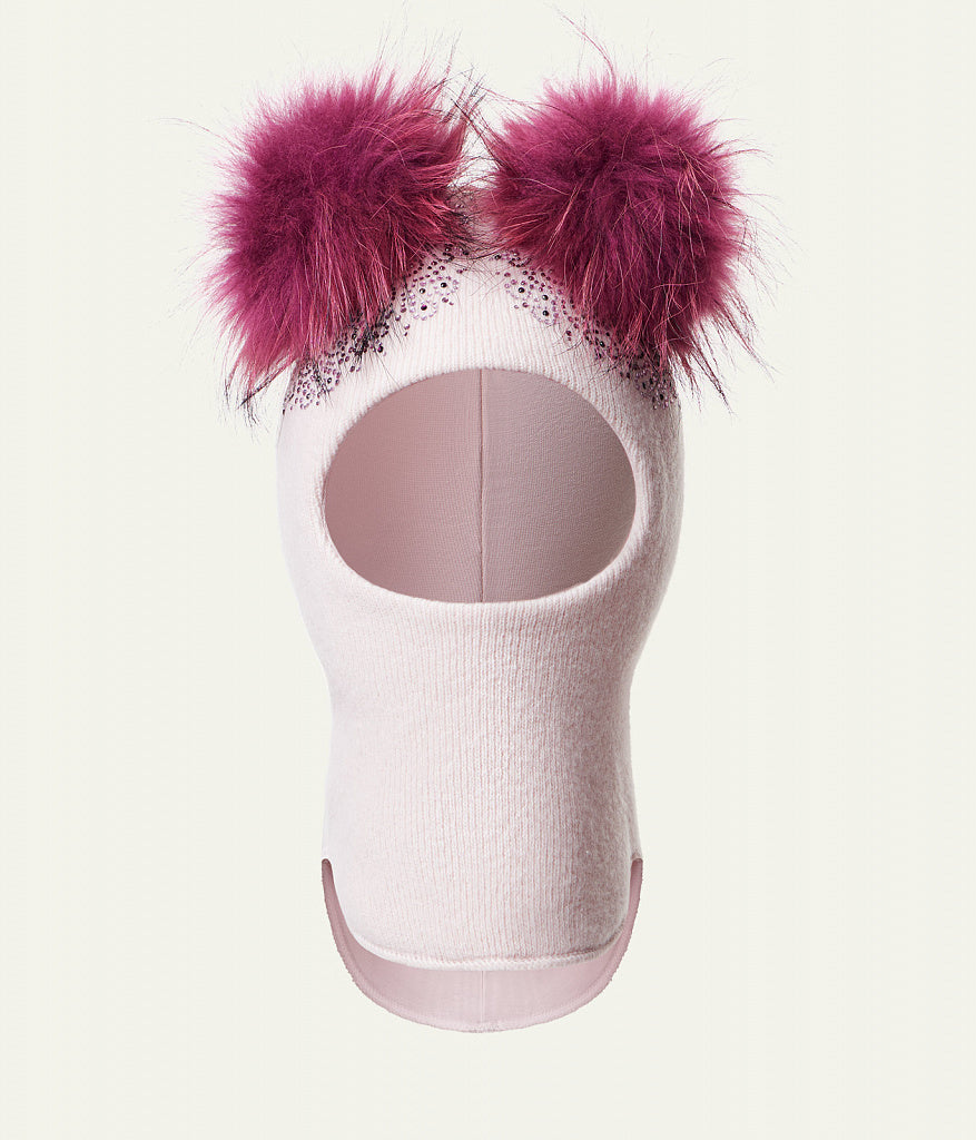 70384 Girls’ Winter Knitted Balaclava with Two Natural Fur Pom-Poms & Rhinestone Design | 50–52, 52–54, 54–55 cm | Ages 18–30M, 3–4, 5–6 Years