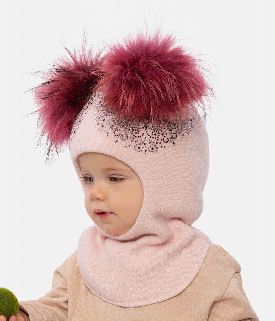 70384 Girls’ Winter Knitted Balaclava with Two Natural Fur Pom-Poms & Rhinestone Design | 50–52, 52–54, 54–55 cm | Ages 18–30M, 3–4, 5–6 Years