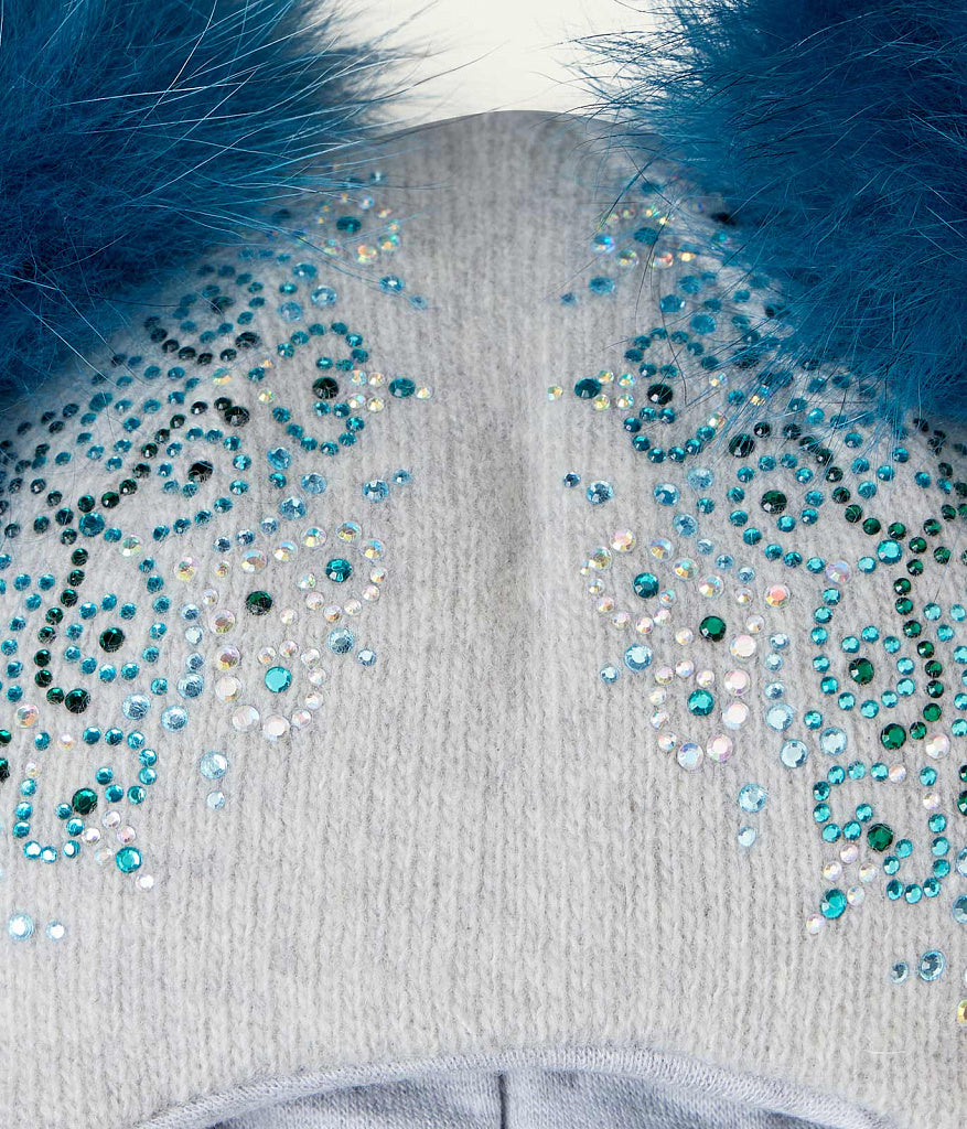 70384 Girls’ Winter Knitted Balaclava with Two Natural Fur Pom-Poms & Rhinestone Design | 50–52, 52–54, 54–55 cm | Ages 18–30M, 3–4, 5–6 Years