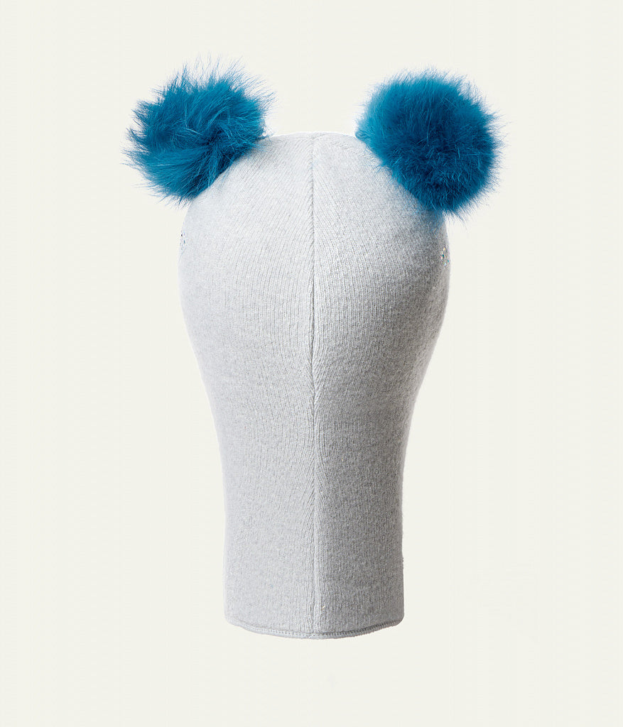 70384 Girls’ Winter Knitted Balaclava with Two Natural Fur Pom-Poms & Rhinestone Design | 50–52, 52–54, 54–55 cm | Ages 18–30M, 3–4, 5–6 Years
