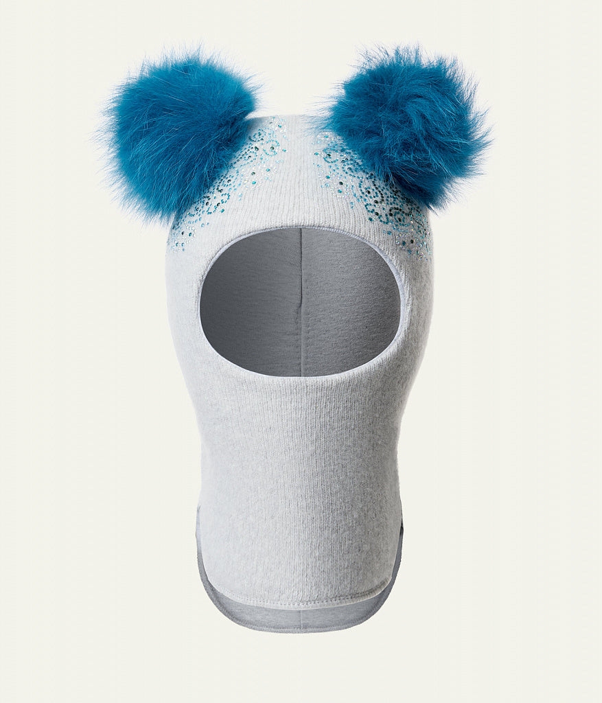70384 Girls’ Winter Knitted Balaclava with Two Natural Fur Pom-Poms & Rhinestone Design | 50–52, 52–54, 54–55 cm | Ages 18–30M, 3–4, 5–6 Years