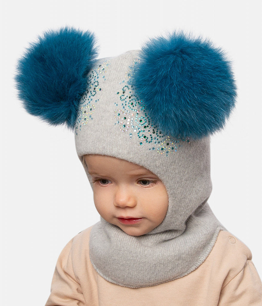 70384 Girls’ Winter Knitted Balaclava with Two Natural Fur Pom-Poms & Rhinestone Design | 50–52, 52–54, 54–55 cm | Ages 18–30M, 3–4, 5–6 Years