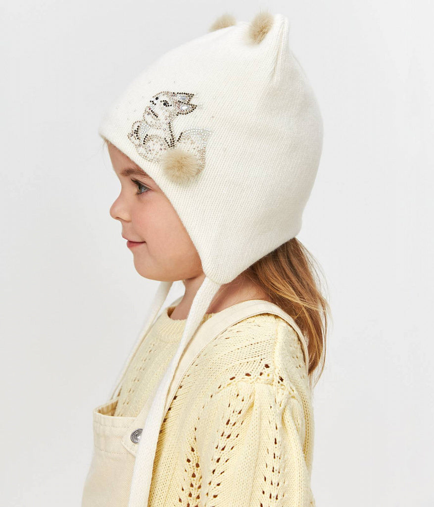 11347 Baby Girls’ Winter Hat with Ears & Squirrel Design, Trimmed with Natural Fur | 9–18 Months | Cashmere Wool Blend, Cotton Lining