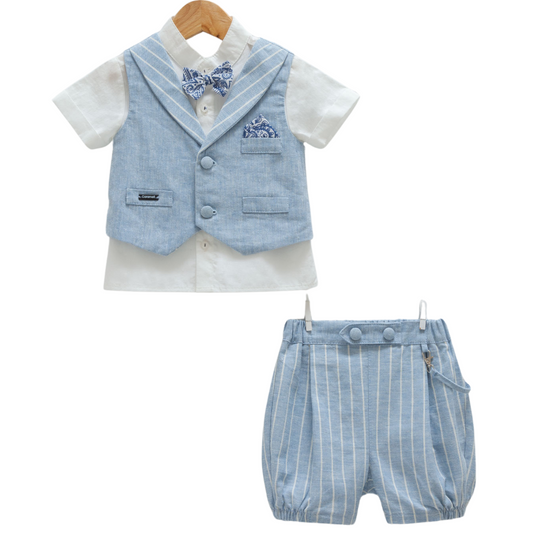 8913 Baby 3-Piece Set – Short-Sleeve Shirt, Vest & Light Denim Shorts | 100% Cotton | 3-18 Months