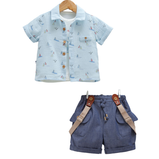 8925 Baby 3-Piece Set – T-Shirt, Short-Sleeve Shirt & Light Denim Suspender Shorts | 100% Cotton | 3-18 Months