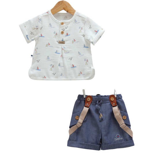 8924 Newborn & Baby Short-Sleeve Shirt and Light Denim Suspender Shorts Set – 100% Cotton | 0-12 Months