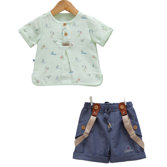 8924 Newborn & Baby Short-Sleeve Shirt and Light Denim Suspender Shorts Set – 100% Cotton | 0-12 Months