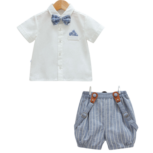 8914 Baby Short-Sleeve Shirt with Bow Tie & Light Denim Suspender Shorts Set – 100% Cotton | 3-18 Months
