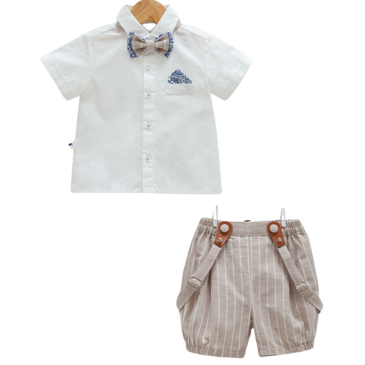 8914 Baby Short-Sleeve Shirt with Bow Tie & Light Denim Suspender Shorts Set – 100% Cotton | 3-18 Months