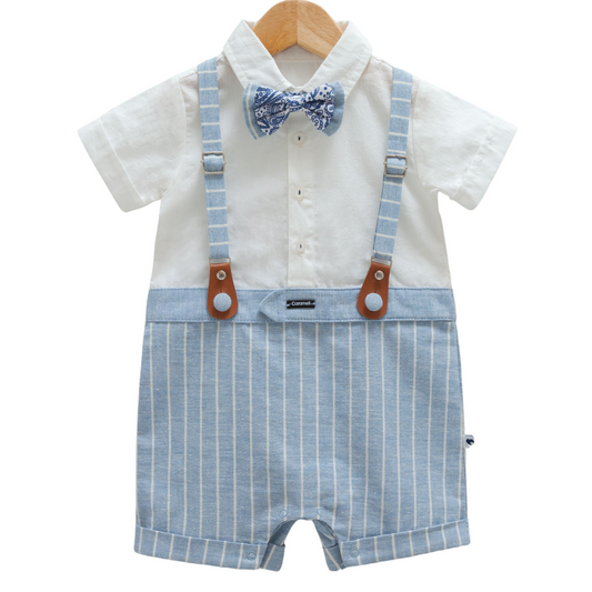 8912 Baby Short-Sleeve and Legless Romper with Bow Tie & Suspenders – 100% Cotton | 3-18 Months