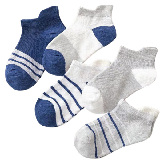Low-Cut Summer Cotton Socks for Baby Boys – Breathable Blue & Gray Striped Design | 5-Pack | Ages 6–24 Months
