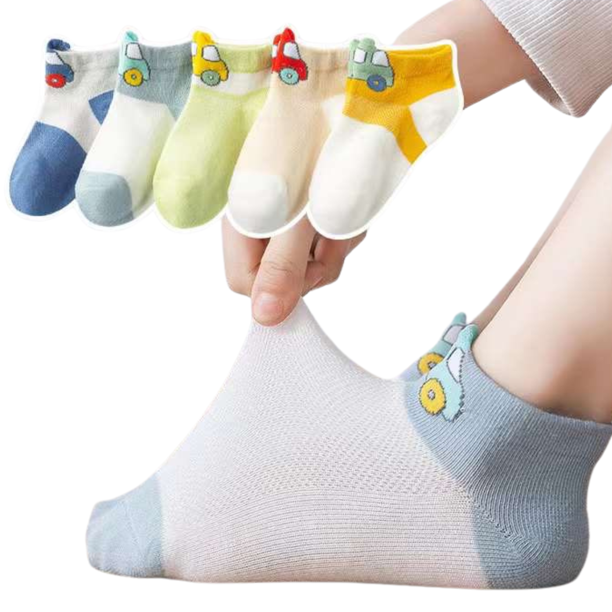 080 Low-Cut Summer Cotton Socks for Boys with Car Prints – Breathable Colorful Design | 5-Pack | Ages 1–8 Years