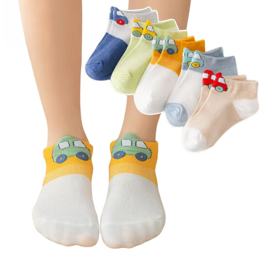 080 Low-Cut Summer Cotton Socks for Boys with Car Prints – Breathable Colorful Design | 5-Pack | Ages 1–8 Years