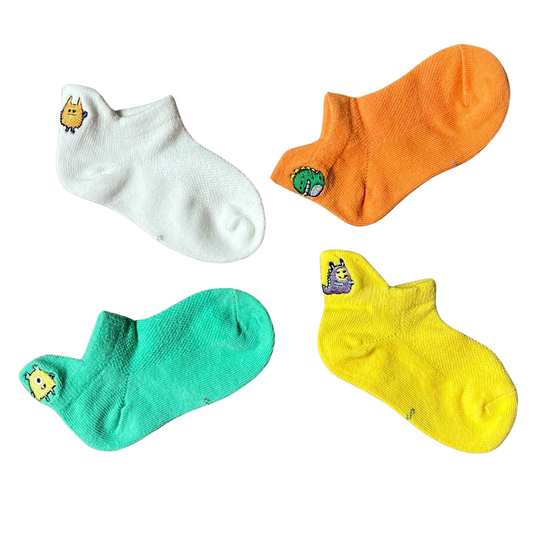 1021 Low-Cut Bright Solid Color Cotton Socks for Boys with Monster Prints – Fun &amp; Breathable | 4-Pack | Ages 6 Months to 5 Years