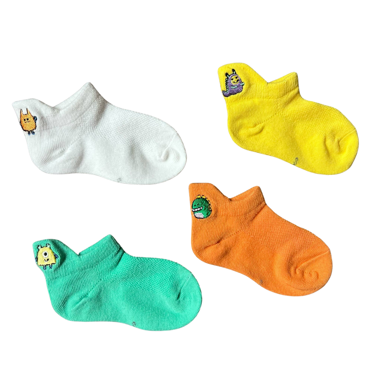 1021 Low-Cut Bright Solid Color Cotton Socks for Boys with Monster Prints – Fun &amp; Breathable | 4-Pack | Ages 6 Months to 5 Years