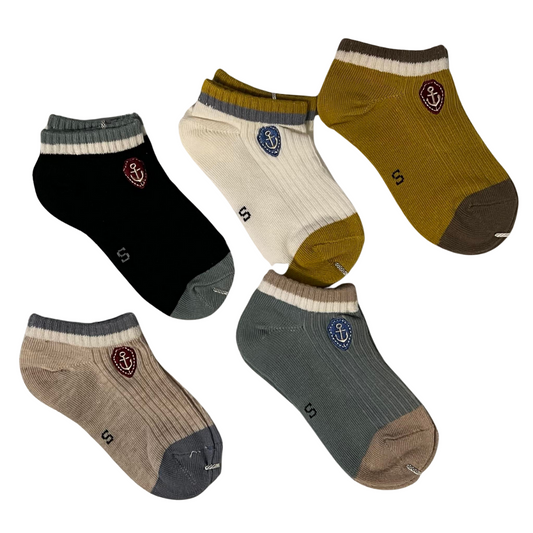 Low-Cut Thin Summer Cotton Socks for Baby Boys – Solid Colors with Anchor Emblem | 5-Pack | Ages 1–2 Years
