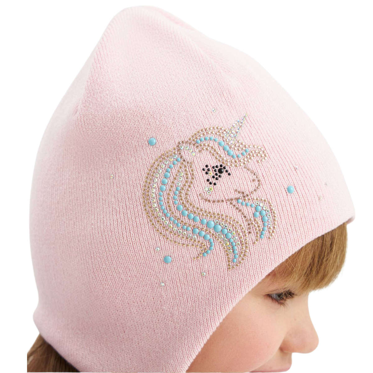 11718 Girls’ Knit Hat with Ties – Pink Unicorn & Blue Rhinestone Mane | Size 50-52 / 18-36 Months  | 100% Cotton Inside & Out | Spring/Fall Beanie for Toddlers