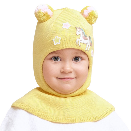 11724 Girls’ Knit Balaclava Hat – Unicorn & Star Patch Design with Pom-Poms | 100% Cotton Shell & Lining | Ages 2,4,6 Y | Spring/Fall Full-Coverage Hood