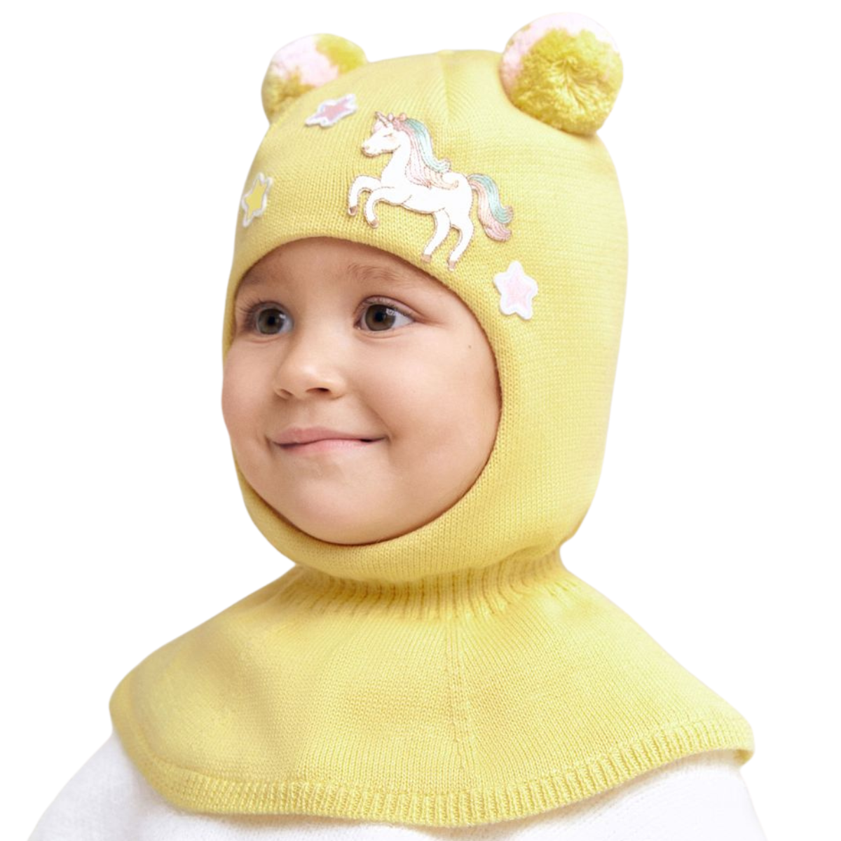 11724 Girls’ Knit Balaclava Hat – Unicorn & Star Patch Design with Pom-Poms | 100% Cotton Shell & Lining | Ages 2,4,6 Y | Spring/Fall Full-Coverage Hood